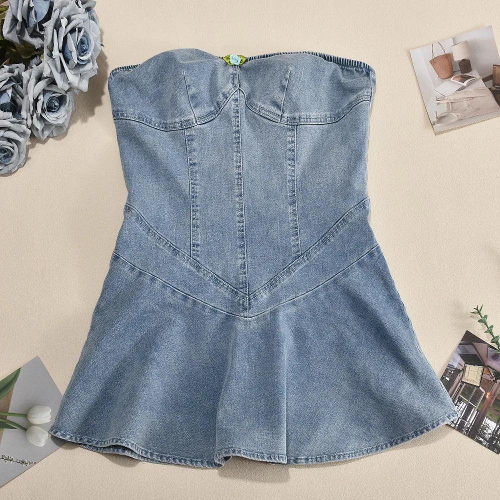 Robe Denim Stretch Dos Nu à Volants - Style Élégant - Masko shop