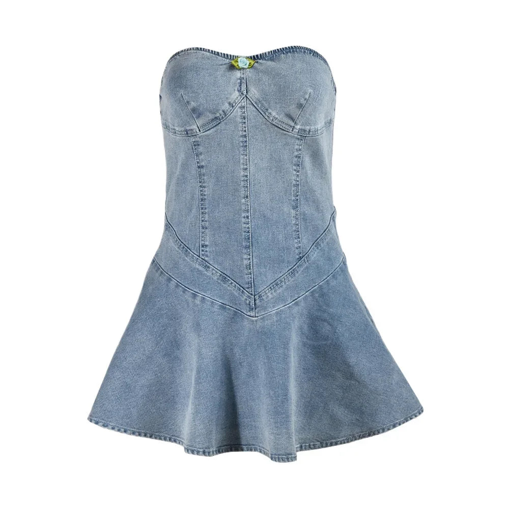 Robe Denim Stretch Dos Nu à Volants - Style Élégant - Masko shop