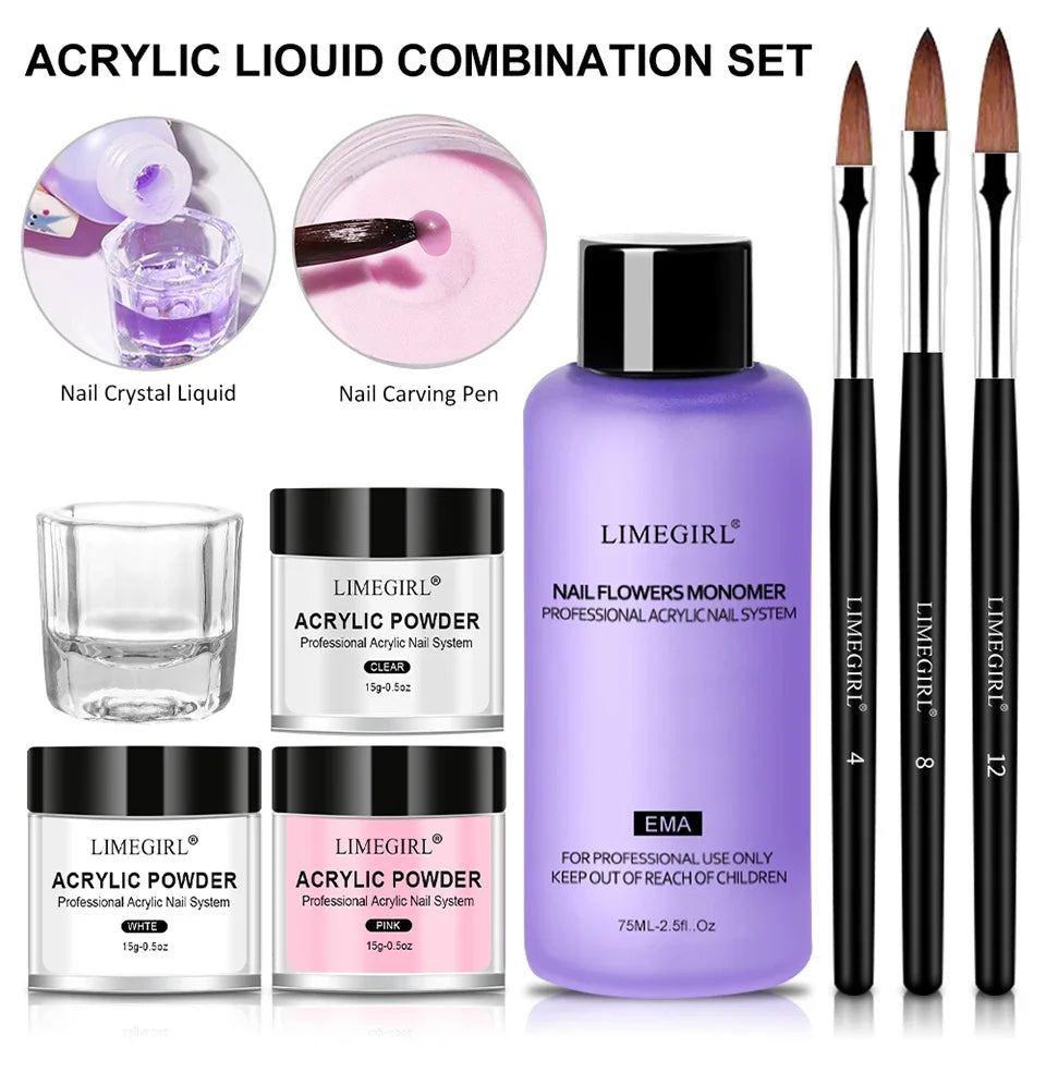 Kit d'ongles en acrylique, Kit de poudre acrylique avec lampe à ongles, colle à ongles en acrylique, poudre à paillettes, Kit d'outils d'art des ongles