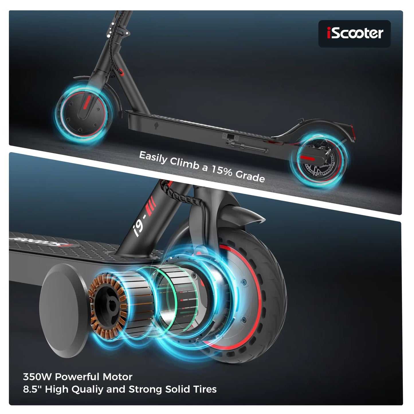 IScooter-Trottinette Électrique i9, Moteur 350W, 36V, 7,5 Ah, Autonomie 30km, 8.5 Pouces, Nid d'Abeille, Rika Scdoms avec Application, Affichage 35%