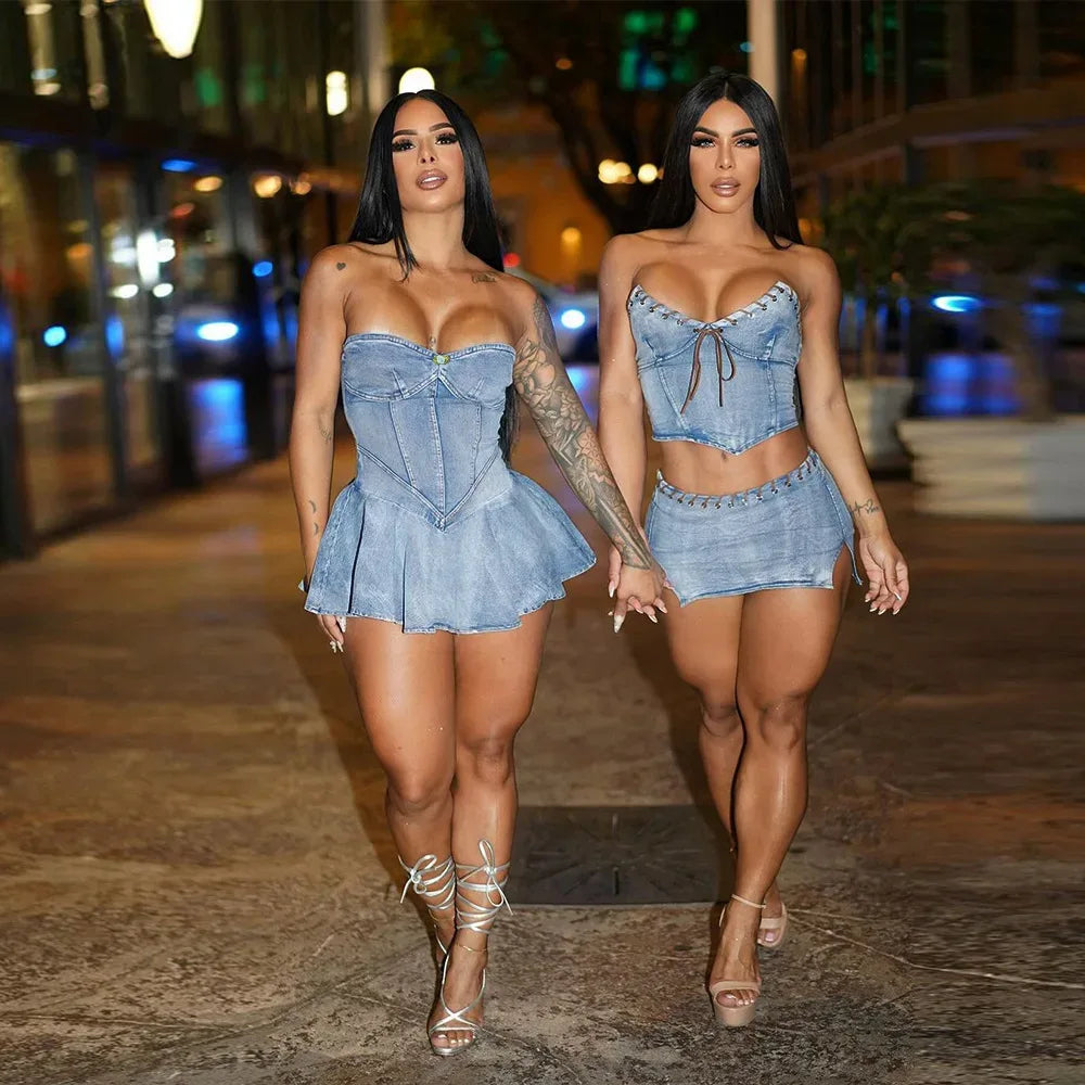 Robe Denim Stretch Dos Nu à Volants - Style Élégant - Masko shop