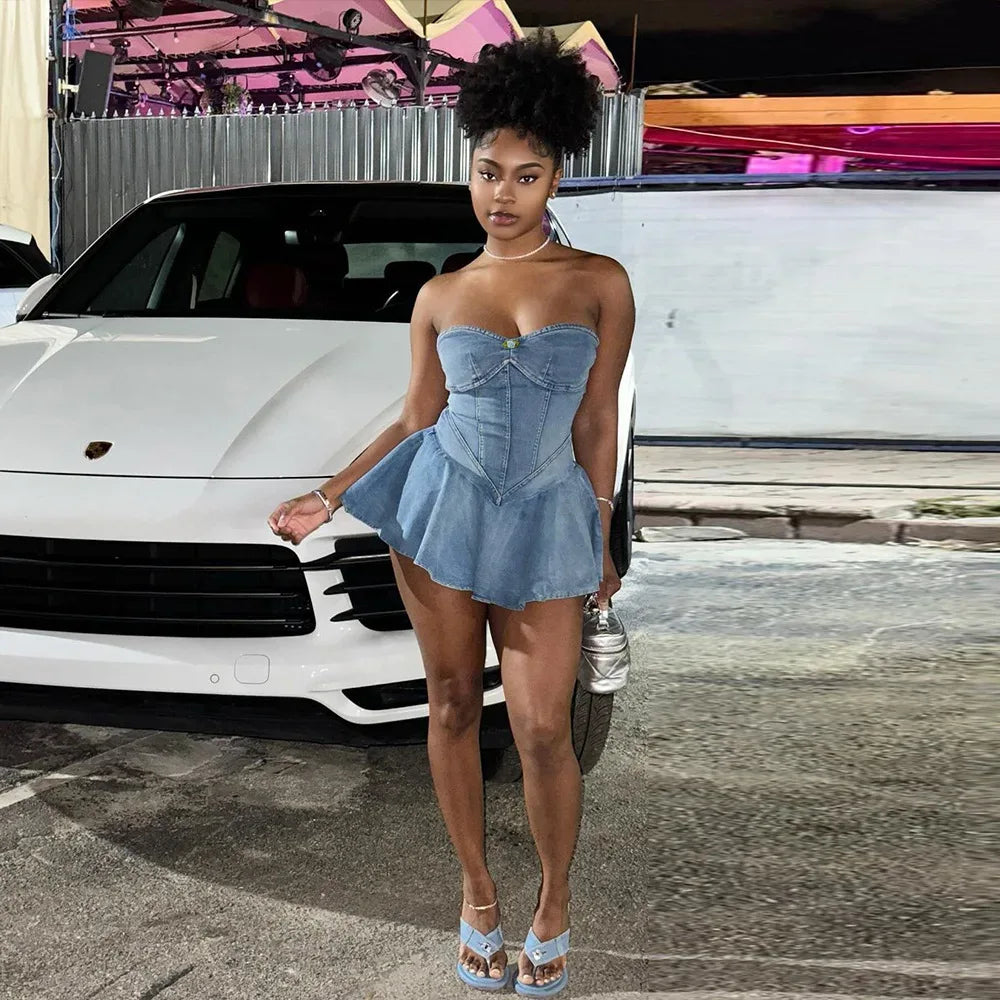 Robe Denim Stretch Dos Nu à Volants - Style Élégant - Masko shop