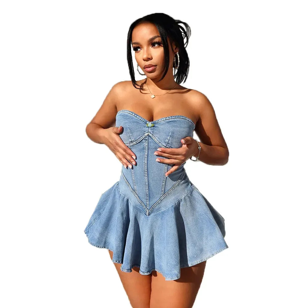 Robe Denim Stretch Dos Nu à Volants - Style Élégant - Masko shop