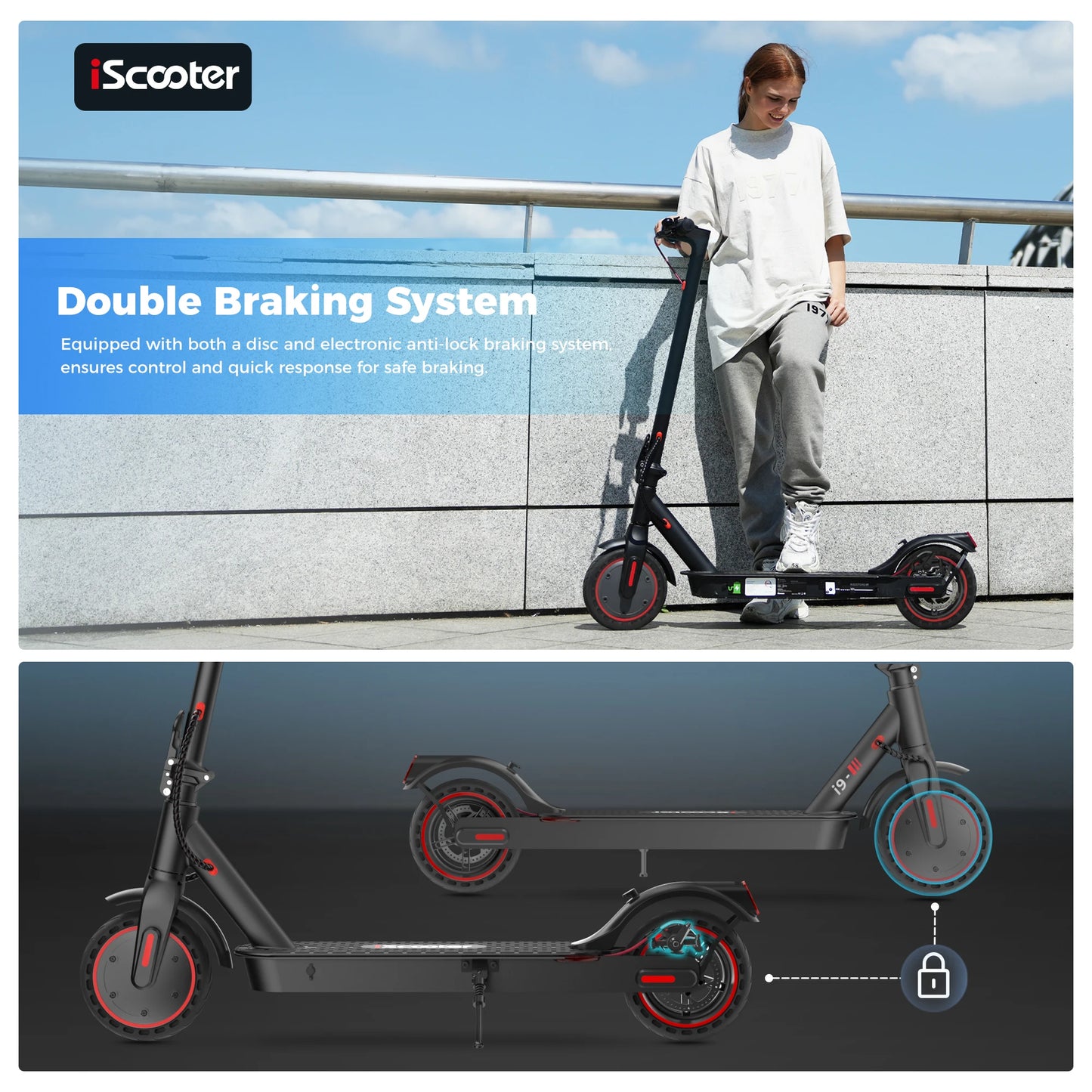 IScooter-Trottinette Électrique i9, Moteur 350W, 36V, 7,5 Ah, Autonomie 30km, 8.5 Pouces, Nid d'Abeille, Rika Scdoms avec Application, Affichage 35%