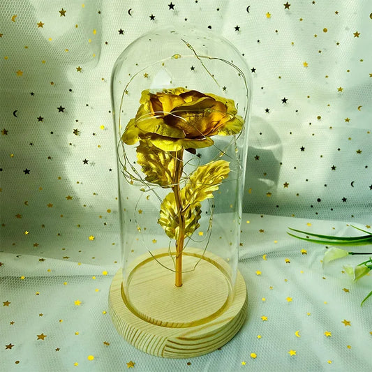 Rose Éternelle LED avec Cloche en Verre - Feuille d'Or 24K - Masko shop