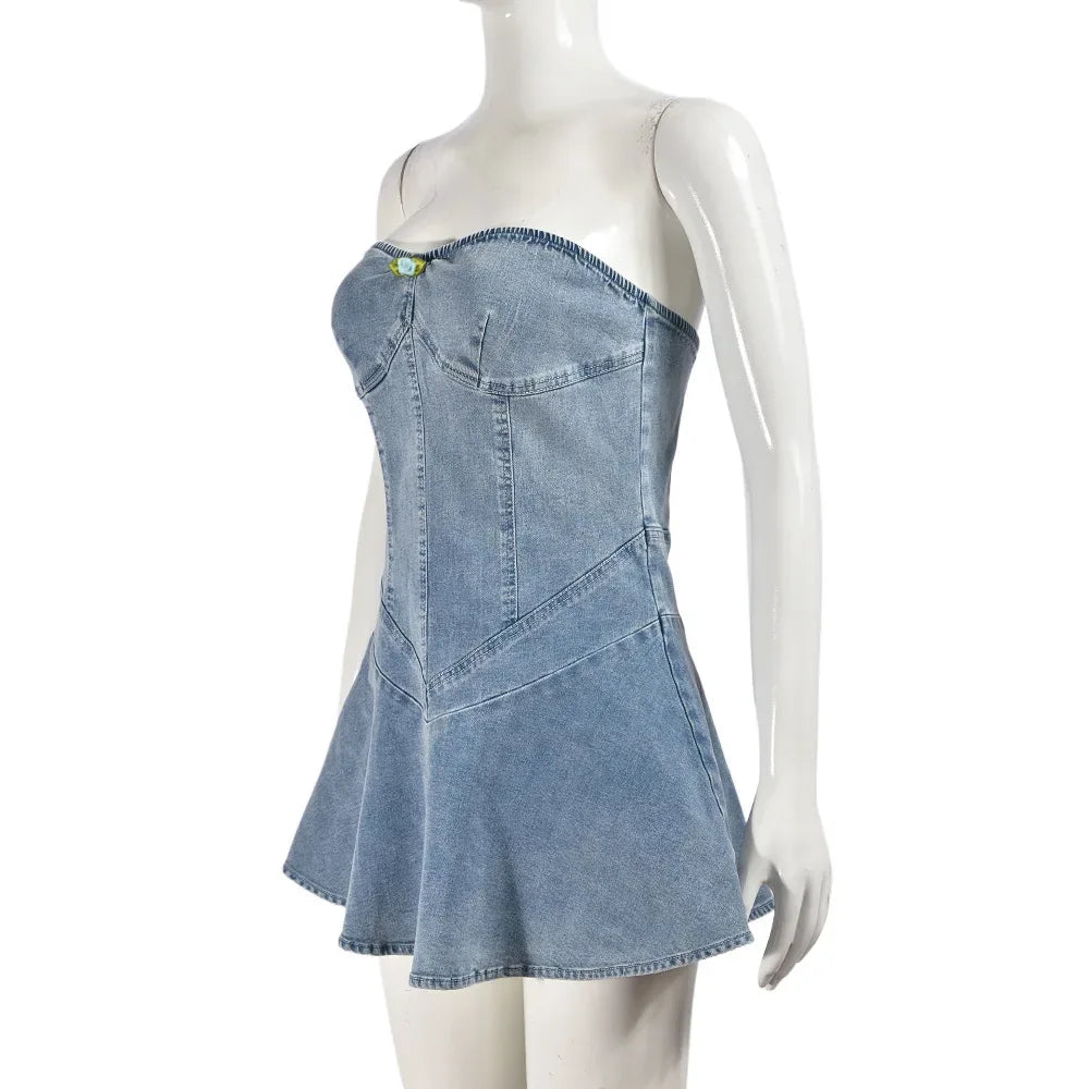 Robe Denim Stretch Dos Nu à Volants - Style Élégant - Masko shop