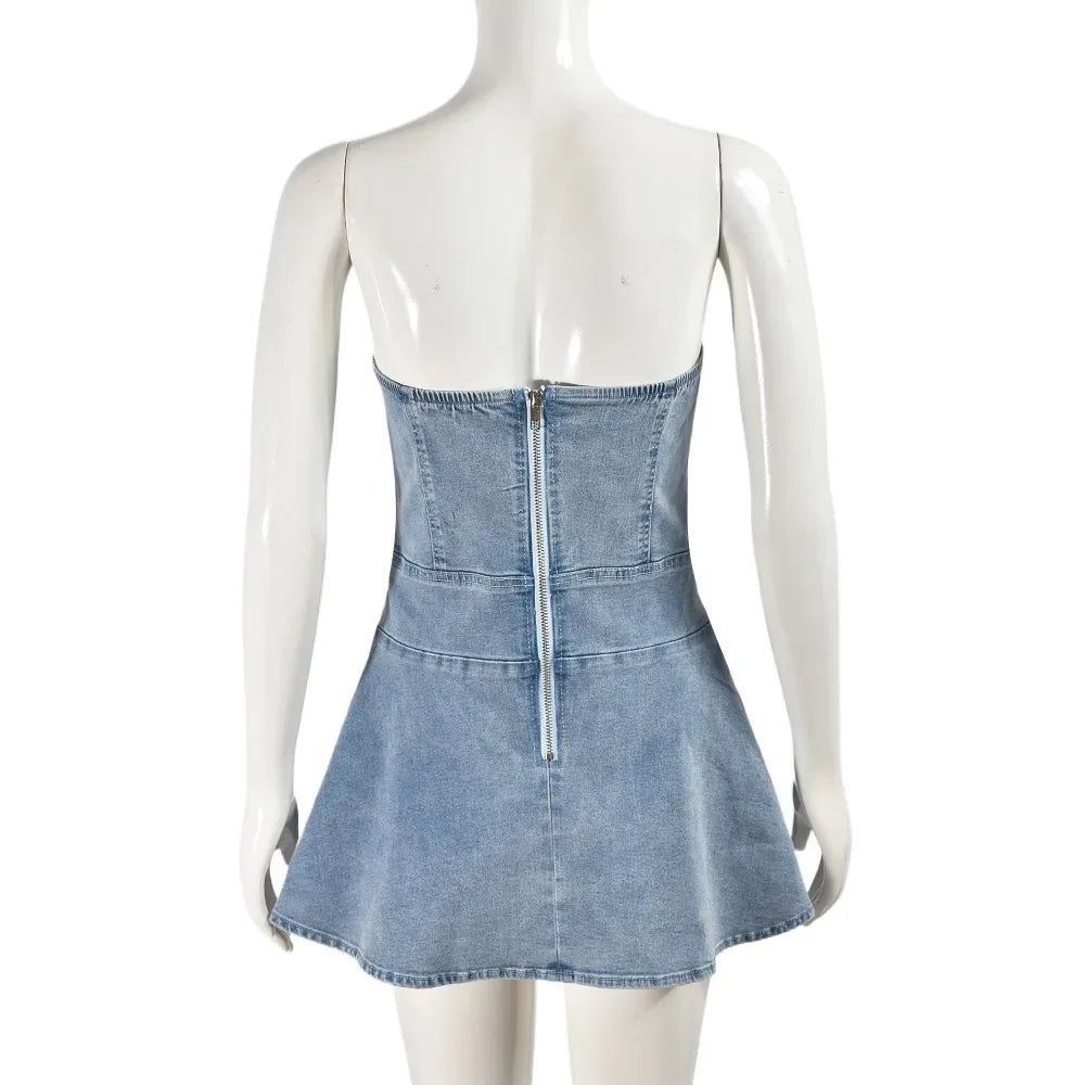 Robe Denim Stretch Dos Nu à Volants - Style Élégant - Masko shop