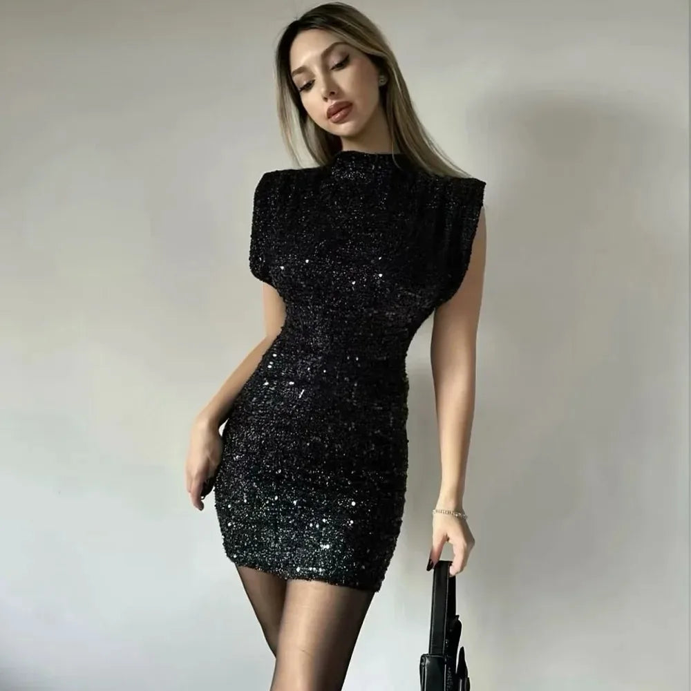 KONDALA 2025 femmes robe de soirée à paillettes épaulière gaine Mini robe sans manches discothèque fête femmes robes chics élégantes
