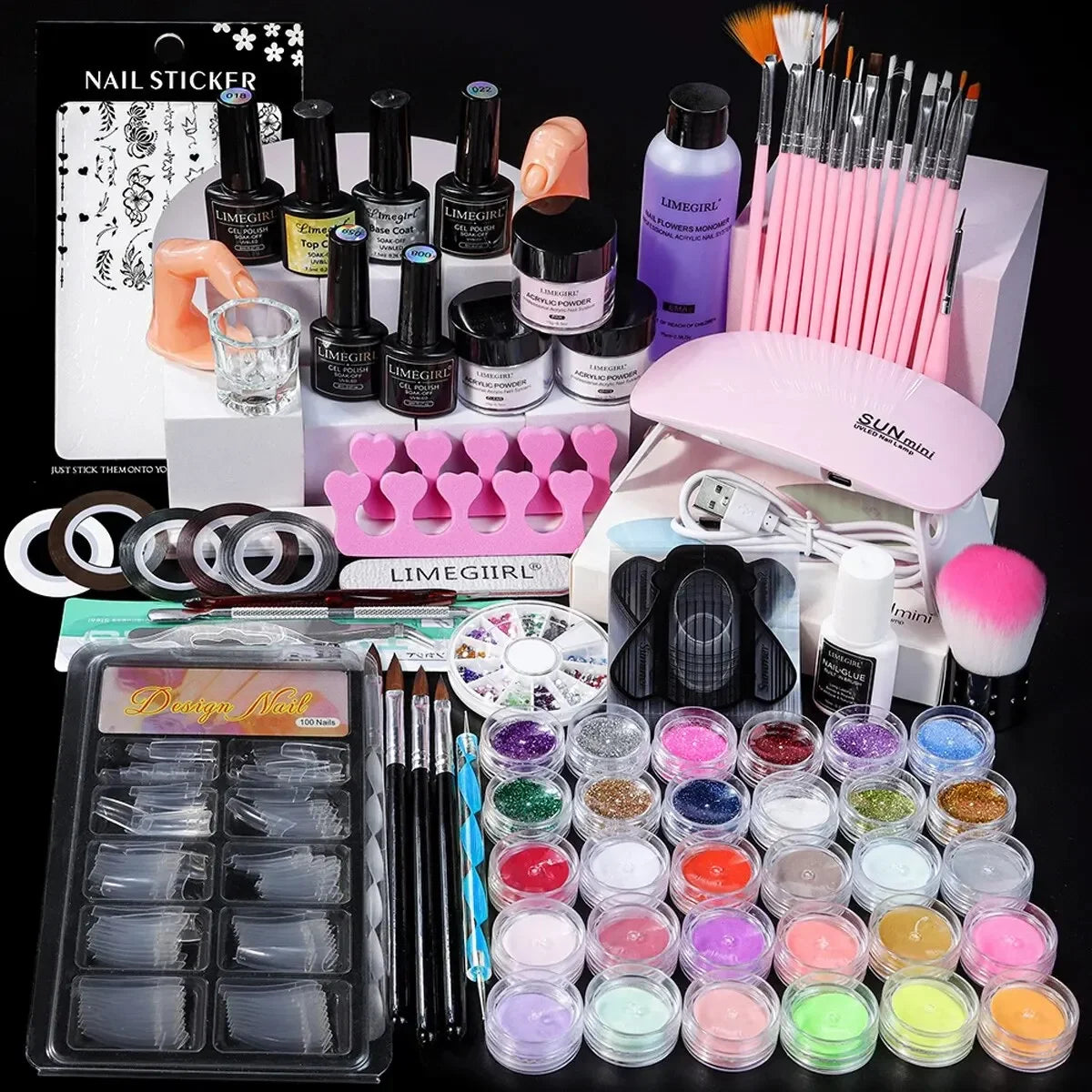 Kit d'ongles en acrylique, Kit de poudre acrylique avec lampe à ongles, colle à ongles en acrylique, poudre à paillettes, Kit d'outils d'art des ongles