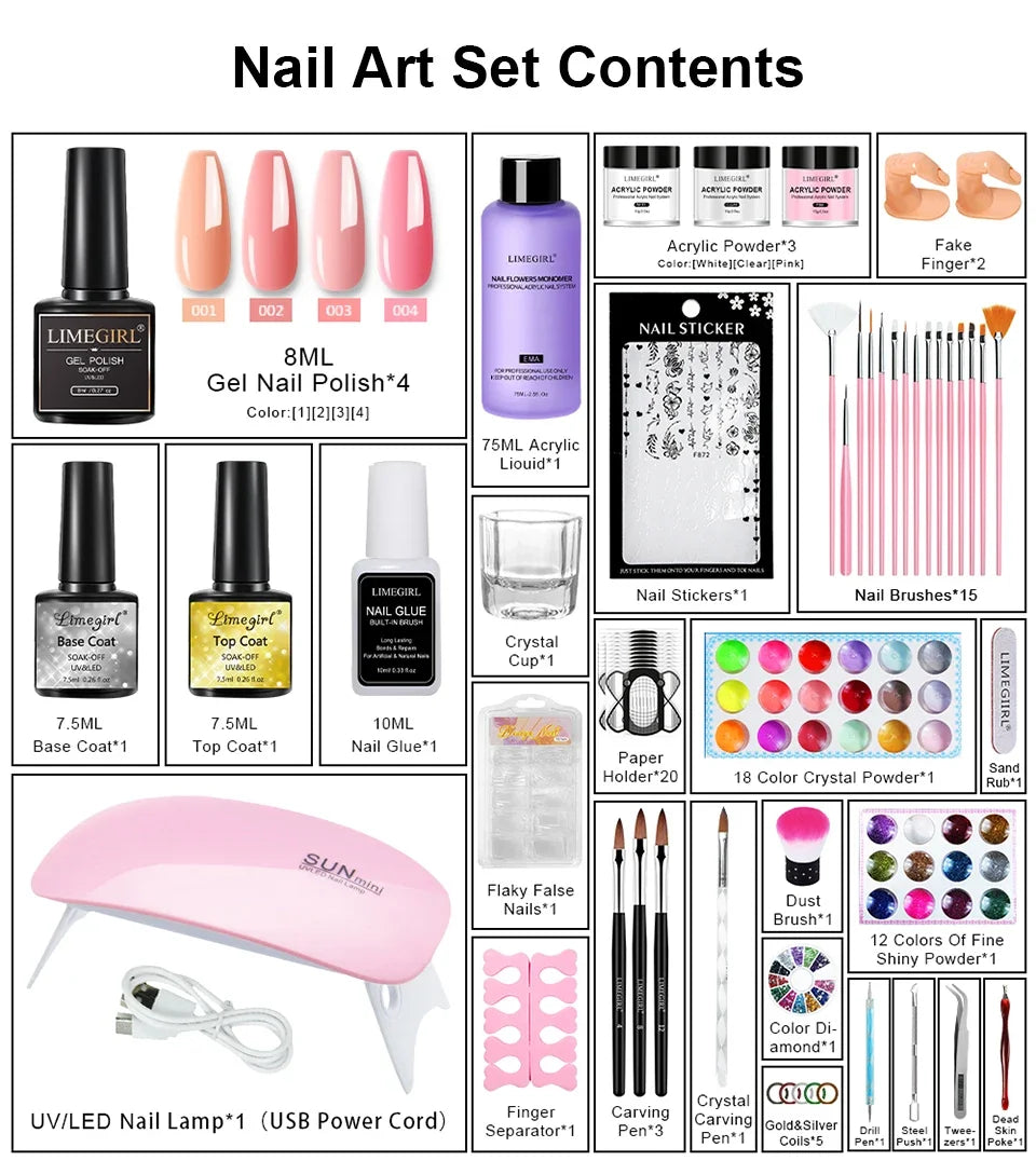 Kit d'ongles en acrylique, Kit de poudre acrylique avec lampe à ongles, colle à ongles en acrylique, poudre à paillettes, Kit d'outils d'art des ongles