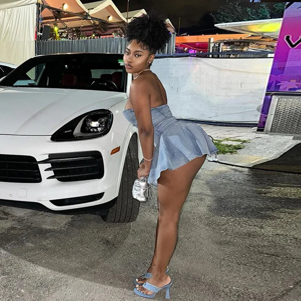 Robe Denim Stretch Dos Nu à Volants - Style Élégant - Masko shop