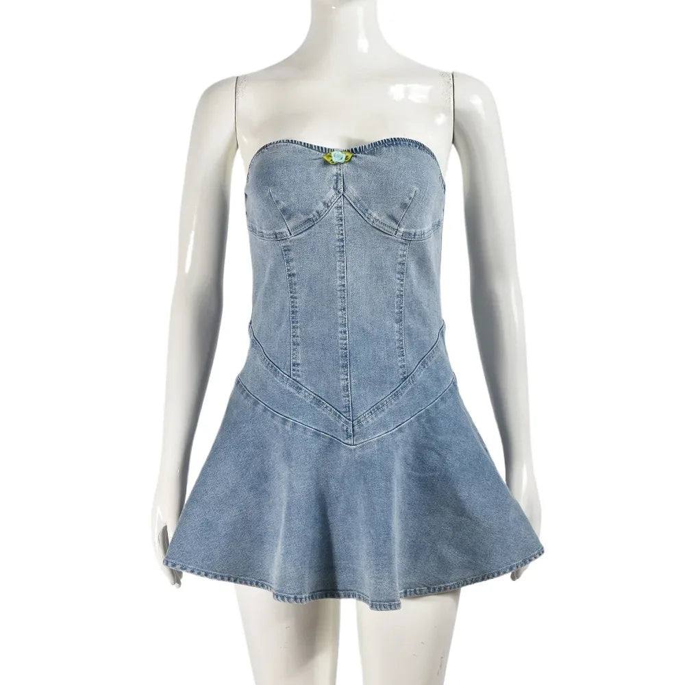Robe Denim Stretch Dos Nu à Volants - Style Élégant - Masko shop